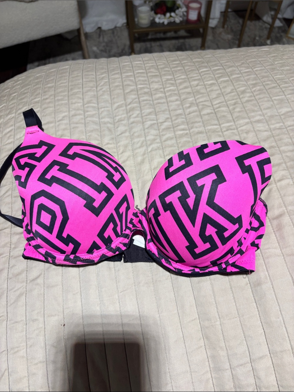 Victoria's Secret Hot Pink & Black Logo Print Padded Bra